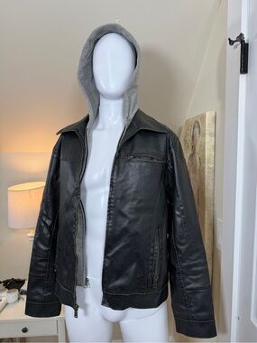 GUESS Faux Leather Moto Jacket Gray Hood Men’s Black Zip Coat Size L